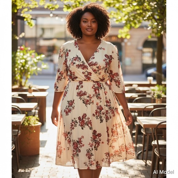 Maurices Dresses & Skirts - Maurices Floral Wrap Dress Women 2X Cream Pink Mesh Ruched Sleeve Knee Length